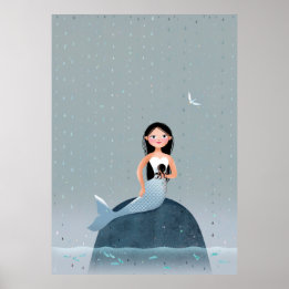 Poster Milla Mermaid assise sur l'illustration d'un gamin