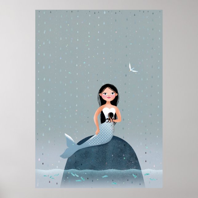 Poster Milla Mermaid assise sur l'illustration d'un gamin (Devant)