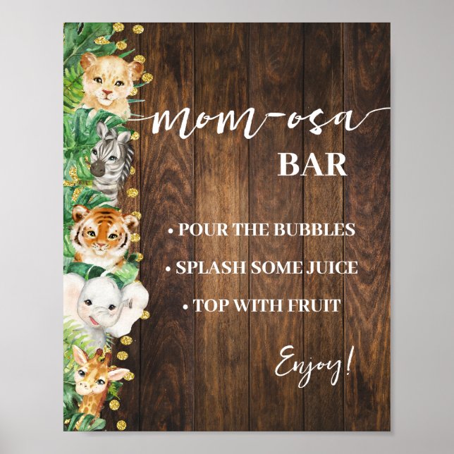 Poster Mimosa Bar Mom-osa Bar Safari Baby shower rustique (Devant)