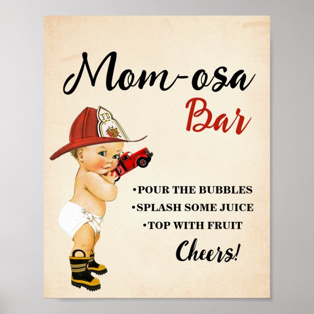 Poster Mimosa Bar Momosa Bar Baby shower pompier (Devant)