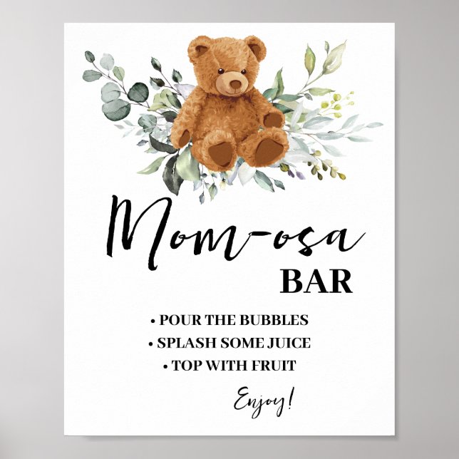 Poster Mimosa Bar Momosa Bar Baby shower vert Ours (Devant)