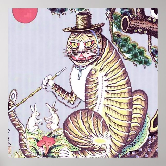 Poster Minhwa Tiger avec lapins et tuyaux (Devant)