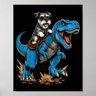 Poster Miniature Schnauzer à cheval sur T Rex Dinosaure D