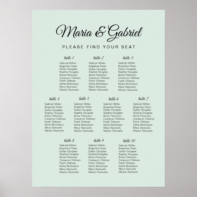 Poster Minimal. Carte de siège Mariage simple Eucalyptus (Devant)