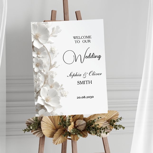 Poster Minimalist 3D White Floral  Wedding Welcome Sign  (Créateur téléchargé)
