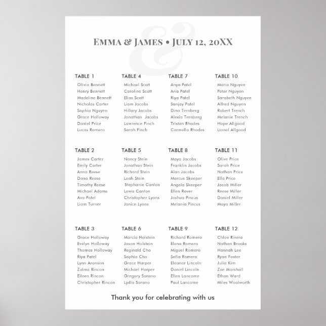 Poster Minimalist Ampersand Wedding | Seating Chart 12 (Devant)