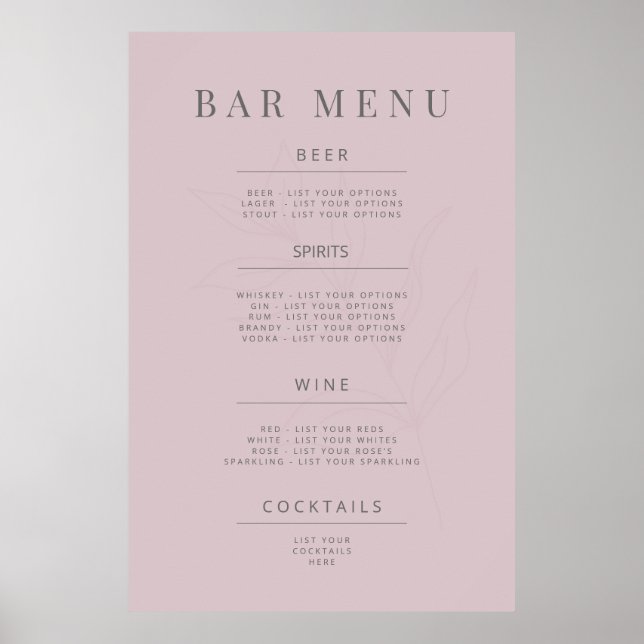 Poster Minimalist Botanical Wedding Sign Dusky Rose (Devant)