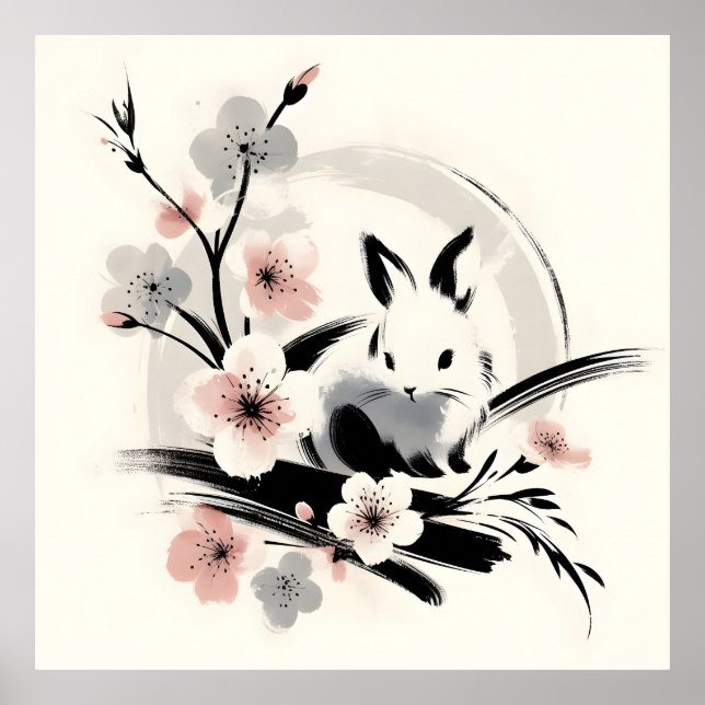 Poster Minimalist Zen Ink Bunny Cherry Blossoms (Devant)