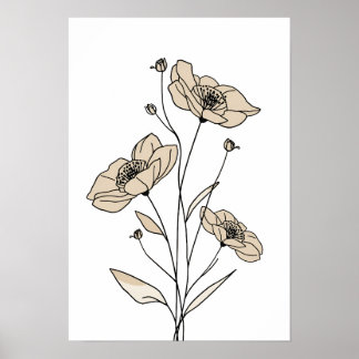 Poster Minimaliste Art en Ligne Florale Beige | Botanica 