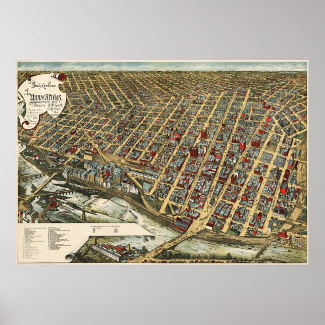 Poster Minneapolis birdseye map - 1891 (Smith) BigMapBlo (Devant)