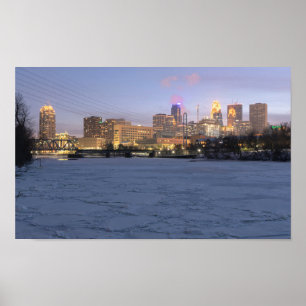 Poster minneapolis skyline et rivière mississippi gelée