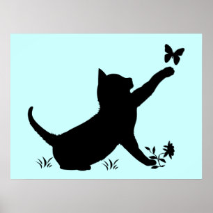 Poster Minous jouant avec des papillons en silhouettes