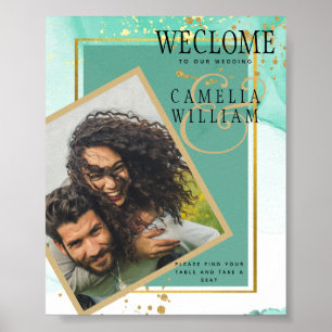Poster Mint Green Gold MARIAGE Encre d'alcool Abstraite