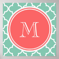 Mint Green Quatrefoil Motif, Monogramme de corail