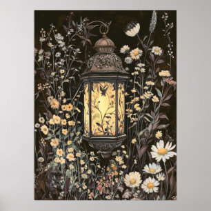 Poster Minuit Jardin sombre Lanterne Floral Cottagecore