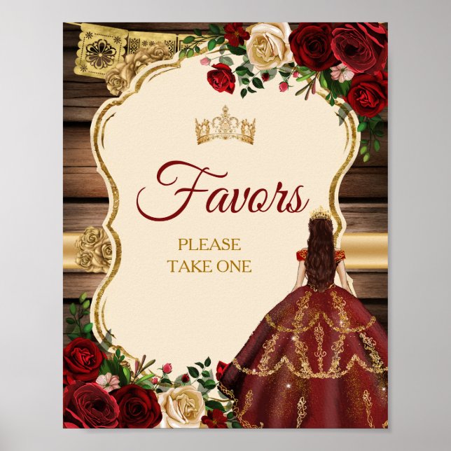 Poster Mis Quince Bourgogne Floral Faveurs Rustiques (Devant)