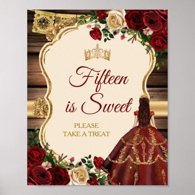 Poster Mis Quince Burgundy Floral Rustic 15e est sucré (Devant)
