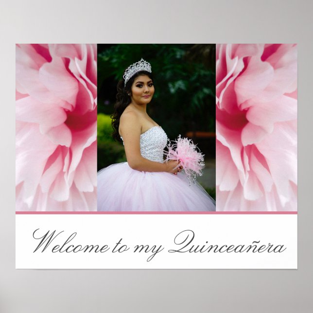 Poster Mis Quince Pink Floral Bienvenue à ma Quinceañera (Devant)