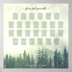 Poster Misty Green Pines 26 Table Wedding Seating Chart