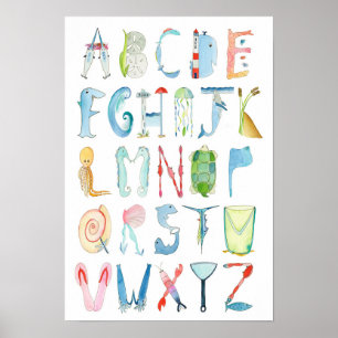 Poster mit Alphabet der Meeresbewohner - 33 x 48 c
