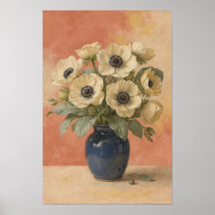 Poster mit cremefarbenen Anemonen in kobaltblauer
