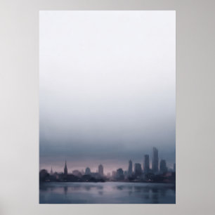 Poster mit dämmernder blauer Uferstadt-Silhouette