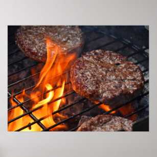 Poster mit Grillburgern und Flammen