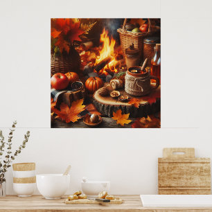 Poster mit Kürbissen und Lagerfeuer der Herbstsais
