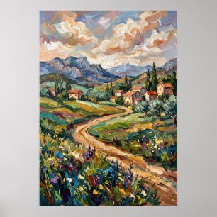 Poster mit Landschaft des Bergdorfes und Wildblume