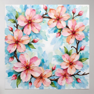 Poster mit rosa Kirschblüten-Wasserfarben-Kranz
