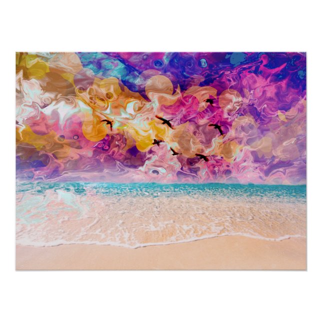 Poster mit Strand und abstraktem, bunten Himmel (Vorderseite)