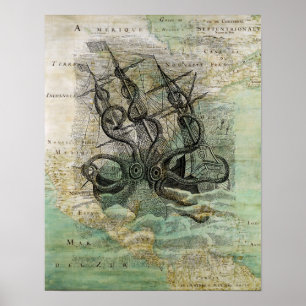 Poster mit Vintagen kraken, Schiff auf der Karte
