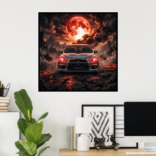 Poster Mitsubishi Lancer Evo 10 sous une lune cramoisie