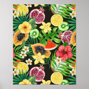 Poster Mix-fruits tropicaux, fleurs et feuilles en noir