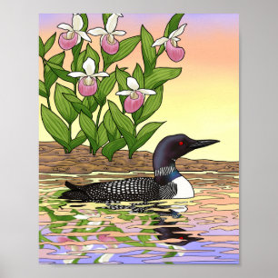 Poster MN Oiseau Fleur État Plongeon Cypripède