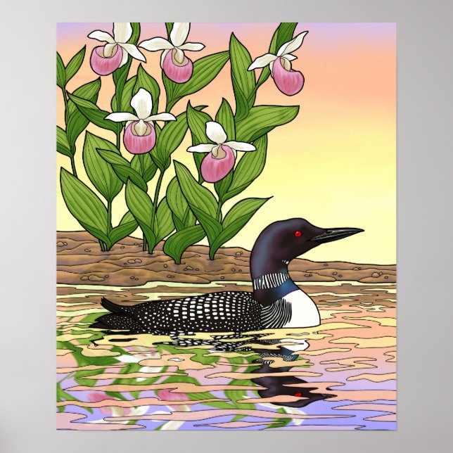 Poster MN State Bird Flower Loon Lady Slipper (Devant)