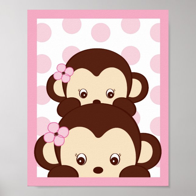 Poster Mod Girl Monkey Dots Nursery Wall Art Imprimer (Devant)