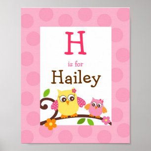 Poster Mod Owl Flower Girls Nursery Wall Art Nom Imprimer