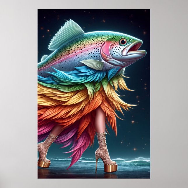 Poster Mode de poisson truite arc-en-ciel drôle (Devant)