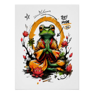 Poster Mode Zen Activé Moine Grenouille Méditant