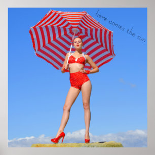 Poster Modèle bikini rétro/parasol rayé rouge