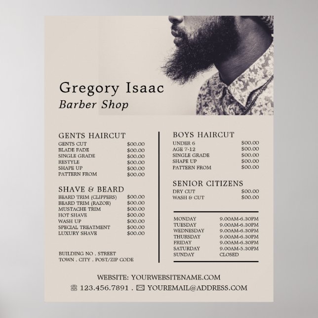 Poster Modèle Black Beard, Liste de prix des barbiers pou (Devant)