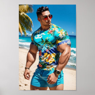 Poster Modèle Bodybuilder à Hawaii Beach