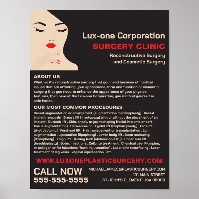 Poster Modèle de beauté, Chirurgien plastique, Chirurgie  (Devant)