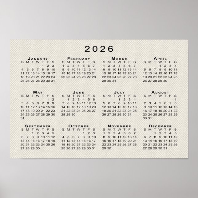 Poster Modèle de calendrier 2026 sur texture de toile fau (Devant)