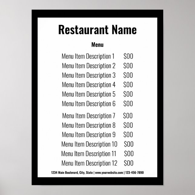 Poster Modèle de menu de restaurant noir et blanc pour le (Devant)