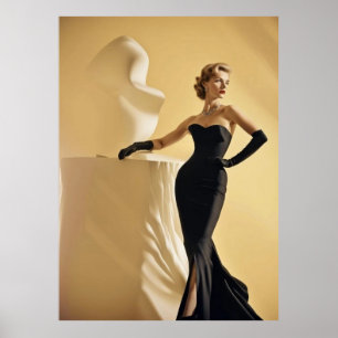Poster Modèle élégant des années 1950 montrant robe noire