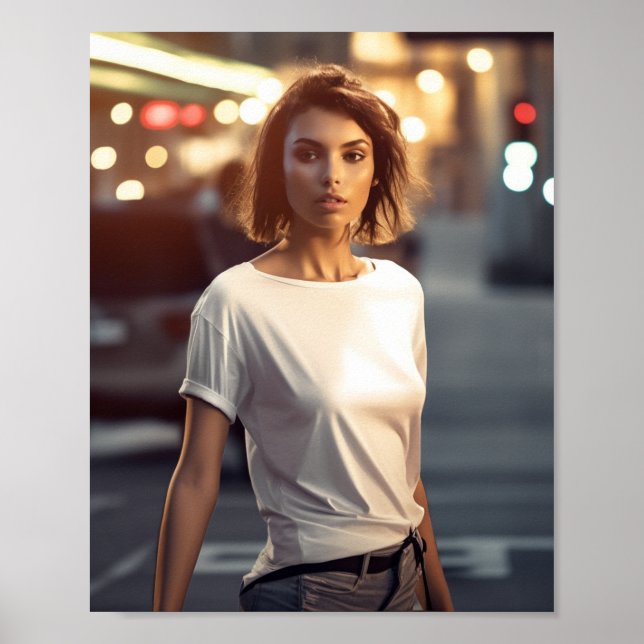 Poster Modèle féminin portant un t-shirt blanc vierge (Devant)