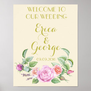 Poster Modèle fleuri rose mariage de bienvenue Imprimer
