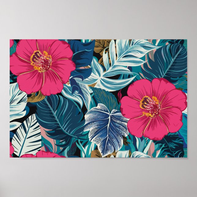 Poster Modèle floral avec Hibiscus rose et feuillage bleu (Devant)